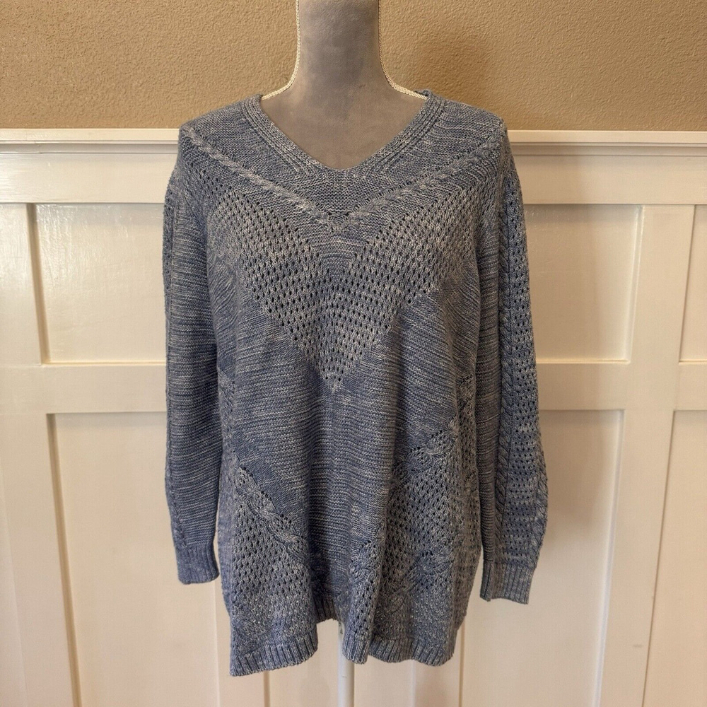 Chico's Sweater Light Blue V-neck Long Sleeve Open Weave Size:3 Women’s